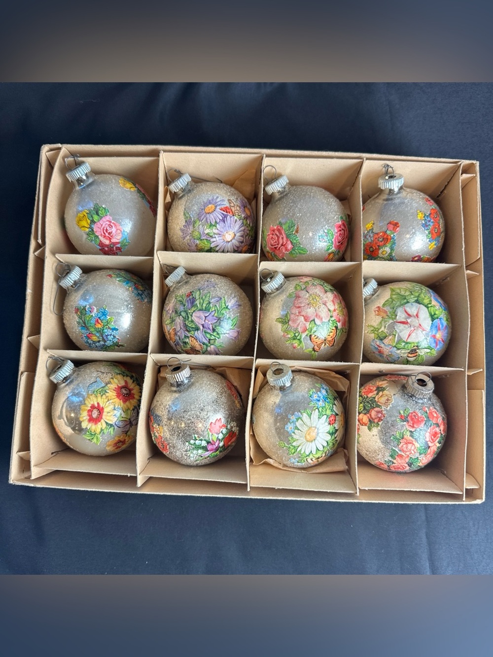 12 Vintage Shiny Brite USA Christmas Ornaments Mica Floral Decals W. German Box